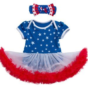 American Flag Stars Blue Tulle Baby Romper Dress & Headband 2pcs